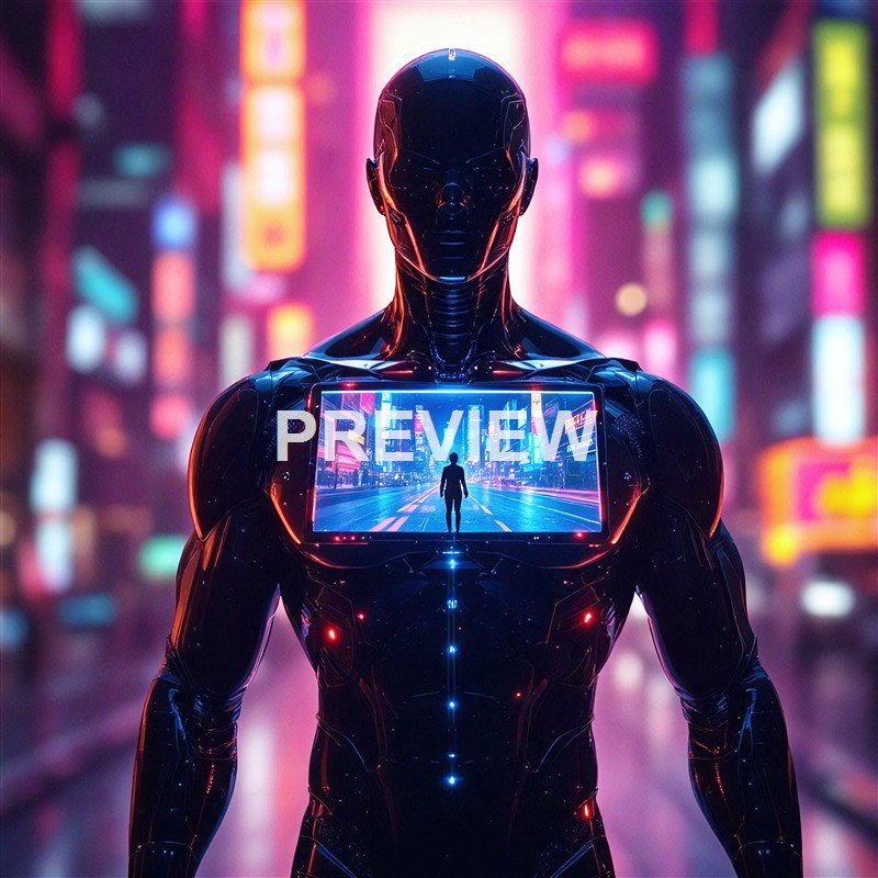 A futuristic humanoid robot with a sleek, shiny black body and glowing red accents, standing in a vibrant, neon-lit city street at night with a digital display on its chest showing a silhouette of a person walking down the street.